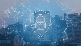 Lock and shield cybersecurity animation over cityscape with network connections. encryption, digital, protection, firewall, technology, secure - Powered by Shutterstock - Get 15% off with code: PIKWIZARD15