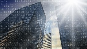 Binary code animation over skyscrapers and bright sunlight. Technology, coding, digital, futuristic, urban, skyline - Powered by Shutterstock - Get 15% off with code: PIKWIZARD15