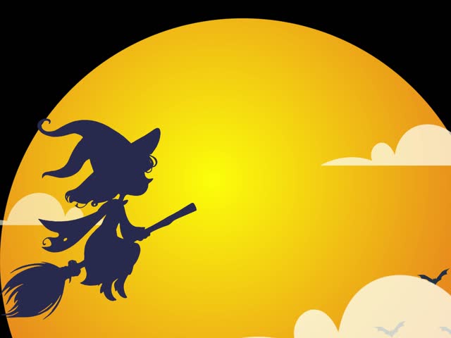 animation of Cartoon Witch Silhouette Flying Broom Past Orange Moon Loop features the silhouette of a witch flying on her broom in front of an orange full moon with clouds rolling by in a loop.