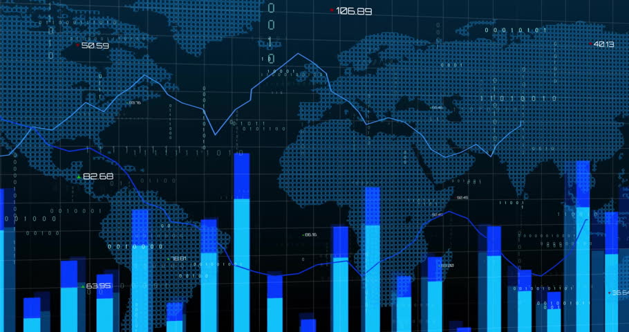 Financial data and graph animation over digital map of Europe and Africa. Finance, economy, data visualization, technology, analytics, global business