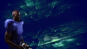 Football player adjusting helmet over digital grid animation. Sports, athlete, technology, virtual, augmented reality, gear - Powered by Shutterstock - Get 15% off with code: PIKWIZARD15