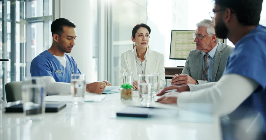 Business people, doctors and planning with healthcare investor for medical research, facility funding and vaccine study trial. Medicine, teamwork and hospital development with ngo partnership advice