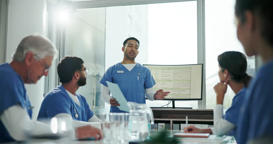 Computer screen, meeting and presentation with doctor team in hospital boardroom for coaching. Diagnosis, training and upskill with medicine professional talking for healthcare or medical workshop