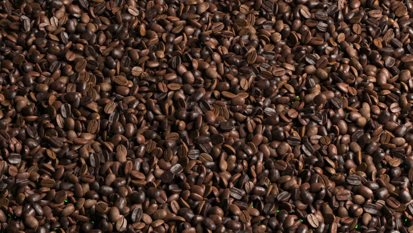 Top view of Coffee beans seeds animation blown movement for transition isolate on green screen background. 3d animation.