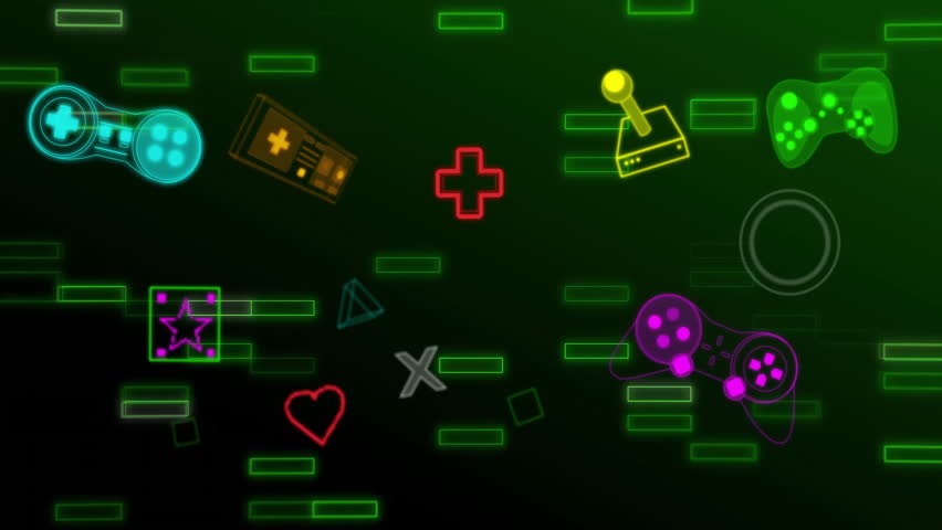 Animation of neon gaming icons over green shapes moving. Retro, gaming and digital interface concept digitally generated video.