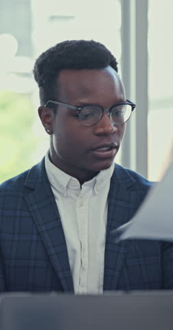 Business, black man and overwhelmed with multitasking at office with chaos or pressure for deadline. Male person, technology and frustrated with paperwork as ceo with stress, anxiety and crisis