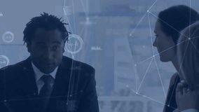 Animation of network of connections with data processing over diverse colleagues having meeting. Global business, computing, connections and digital interface concept digitally generated video. - Powered by Shutterstock - Get 15% off with code: PIKWIZARD15