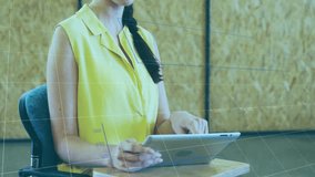 Animation of financial data processing over caucasian businesswoman using tablet in office. Global business, finances, computing and digital interface concept digitally generated video. - Powered by Shutterstock - Get 15% off with code: PIKWIZARD15