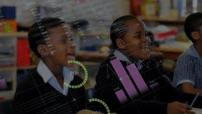Animation of financial data processing over african american schoolchildren. Global education, school, computing and digital interface concept digitally generated video. - Powered by Shutterstock - Get 15% off with code: PIKWIZARD15