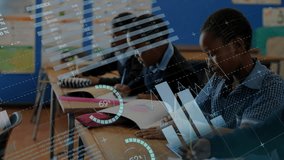 Animation of financial data processing over african american schoolchildren. Global education, school, computing and digital interface concept digitally generated video. - Powered by Shutterstock - Get 15% off with code: PIKWIZARD15