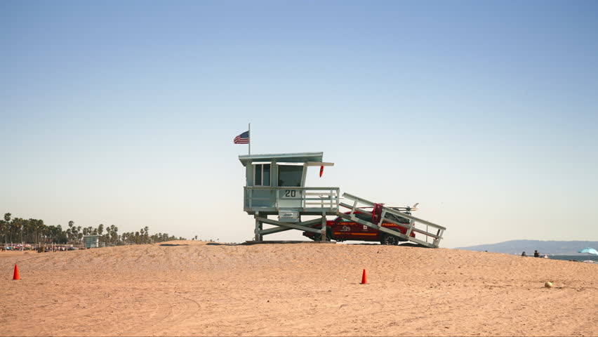 Life guard tower in Venice Beach Los Angeles California during sunny day with clear sky