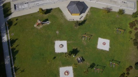 Aerial shot of children's playground, basketball and football court