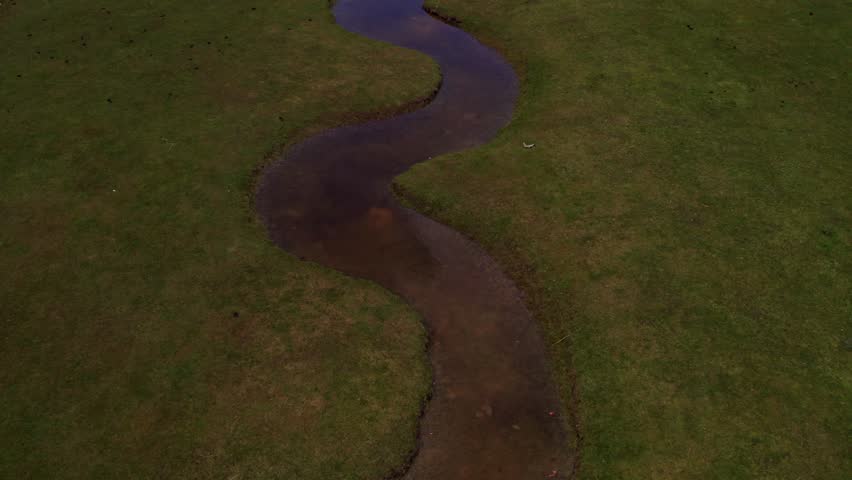Aerial view of serene meadow with grazing sheep and winding river, Le Mont-Saint-Michel, France.