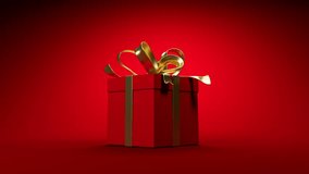 Red gift box with a gold ribbon unties and opens on a plain red background, revealing the contents inside. Ideal for holiday or celebration animations. - Powered by Shutterstock - Get 15% off with code: PIKWIZARD15