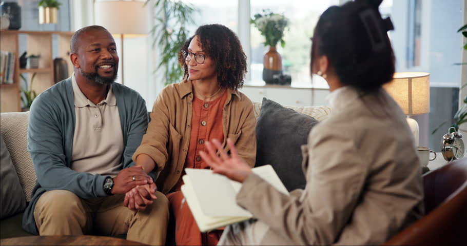 Marriage counseling, therapist and couple consultation on sofa for adoption guidance, healing and relationship advice. Psychology, support and people with counselor for discussion, commitment or love