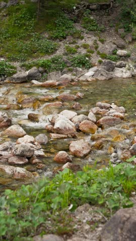 Vertical View Of Rushing Stream Over Rocky River. Tracking Shot