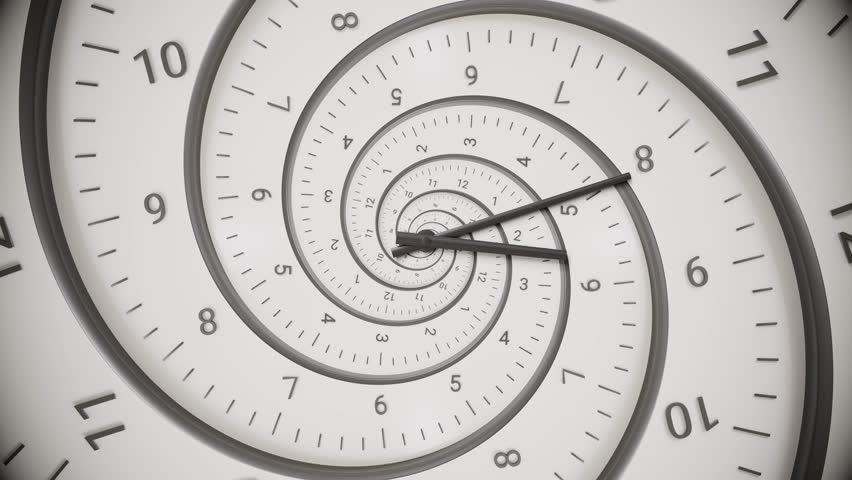 Chaotically rotating clock hands and dial. Abstract modern white spiral clock dial with arabic numerals. Concept of Infinite time, deadline, scheduling, time and space, past, present and future.