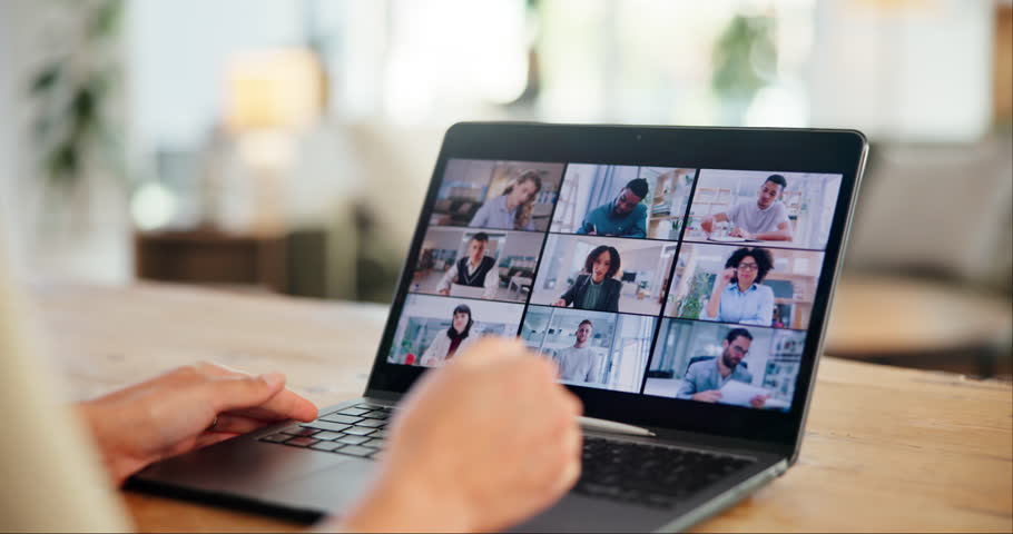 Video call, hands or business people on screen in virtual meeting for discussion or online briefing in home. Remote work, laptop or person in webinar for teamwork, talking and speaking of project
