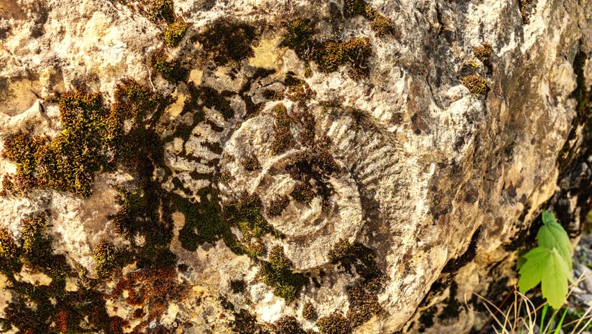 Zoom in on a big aged limestone rock with moss and lichens on the surface and a huge imprint of a fossil ammonite in the middle.