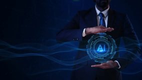 Concept of artificial intelligence businessman dark suit. futuristic technology companies, AI startups, digital marketing, corporate presentations, educational focuses on AI, machine learning, trends. - Powered by Shutterstock - Get 15% off with code: PIKWIZARD15