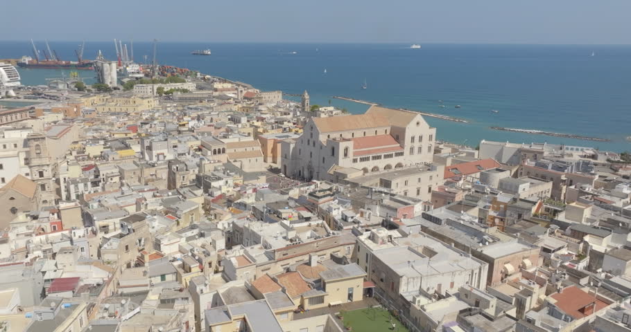 Aerial view of the Pontifical Basilica of Saint Nicholas in the old town of Bari, Puglia, Italy. It is a Catholic Church in the historic center of the city built in the Apulian Romanesque style.