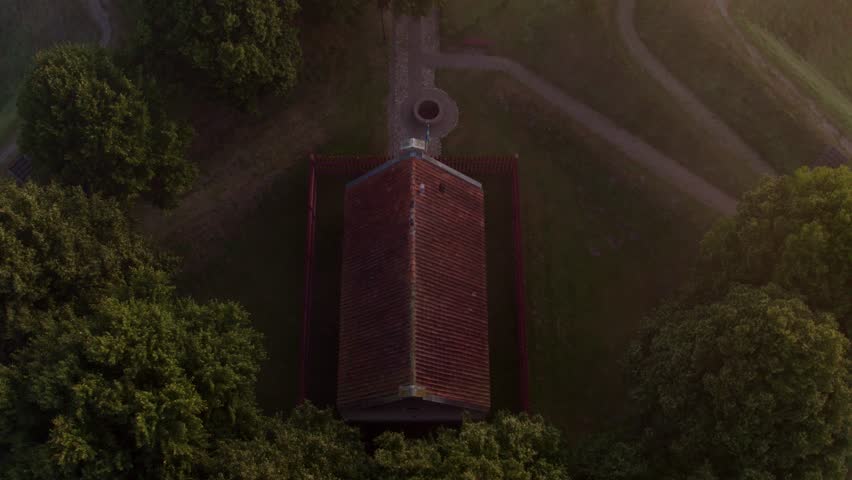Aerial view of historic village with windmill and fog, Bourtange, Netherlands.