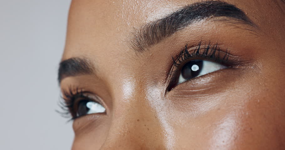 Eyebrows, thinking or model in studio with closeup, glow or smile for shine or treatment on white background. Microblading, happy and woman with pride, facial cosmetics or beauty skincare results