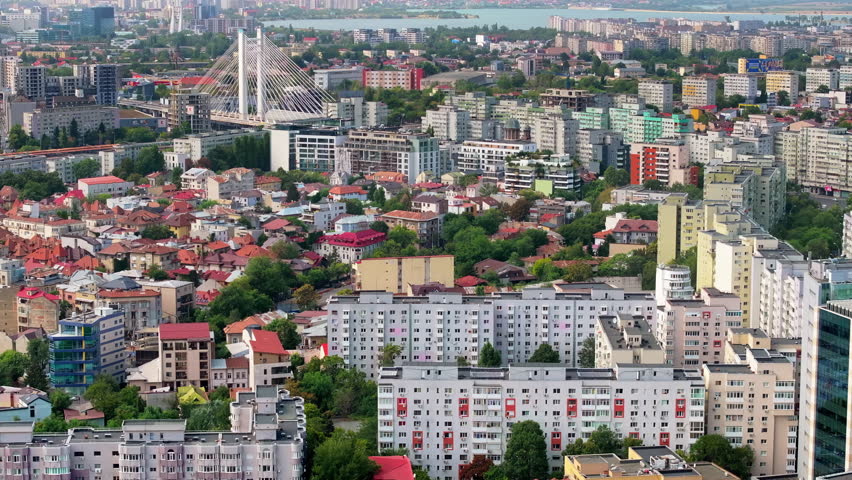 Aerial drone view of buildings around the Basarab Overpass bridge in Bucharest, Romania