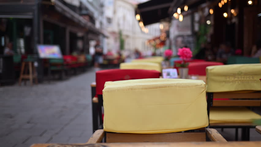 Chairs at a terrace in the Old Town of Bucharest, Romania