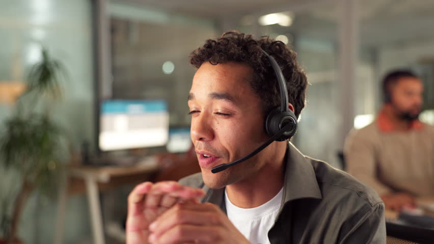 Call center, contact us and man agent in office with crm, customer service or inbound discussion. Communication, technical support and travel consultant with headset for online hospitality client.