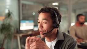 Call center, contact us and man agent in office with crm, customer service or inbound discussion. Communication, technical support and travel consultant with headset for online hospitality client. - Powered by Shutterstock - Get 15% off with code: PIKWIZARD15