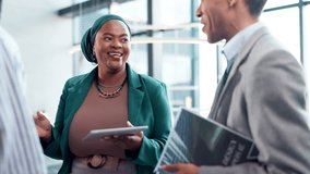 Employees, laugh and meeting for ideas in office, tablet and plan for article at magazine agency. Staff, funny conversation and support for brainstorming on fashion project, writers and proposal - Powered by Shutterstock - Get 15% off with code: PIKWIZARD15