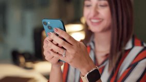 Phone, hands typing and business woman laugh at text message, email or meme at startup. Mobile, closeup and happy employee on chat app for funny joke or comedy with scriptwriter at night on deadline - Powered by Shutterstock - Get 15% off with code: PIKWIZARD15