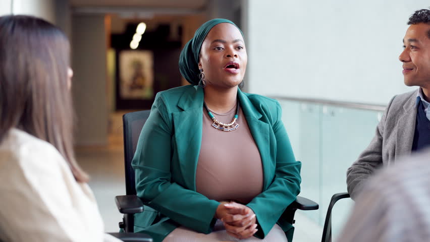 Business people, office and support group in circle for counseling and workplace empathy workshop. Human resources, mental health and conflict solution seminar with chat and care with team building