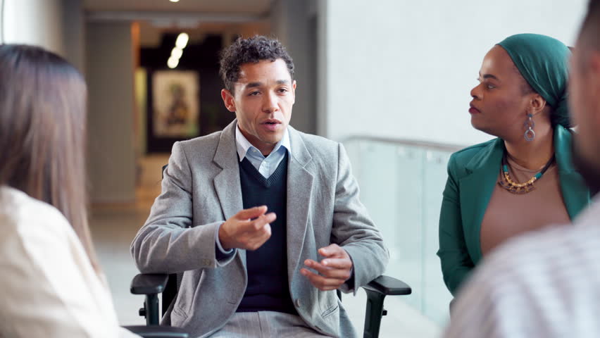 Business people, office and staff support counselor in circle for healing and workplace empathy workshop. Human resources, mental health help and conflict solution seminar with open communication