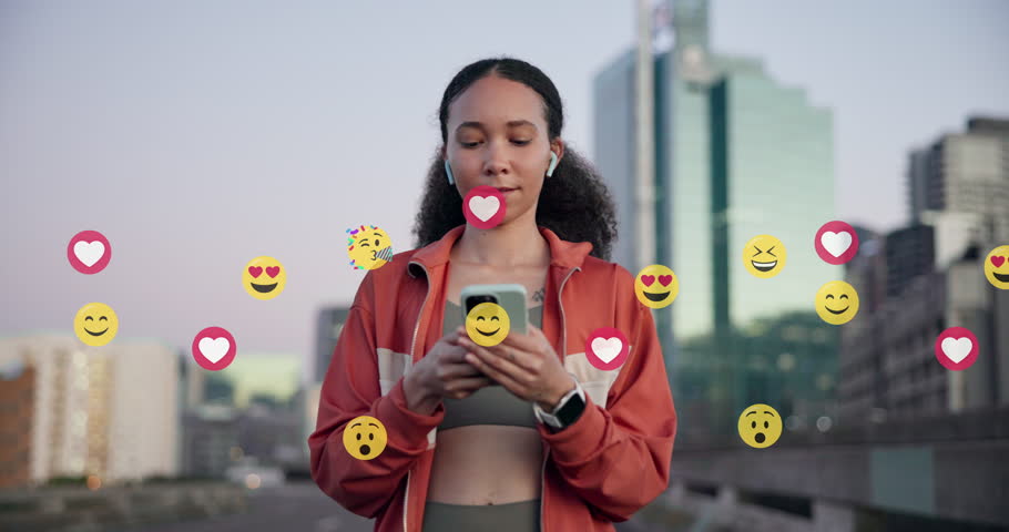 Fitness, city woman and phone with emojis for social media, reaction and follower interaction with overlay. Influencer, happy or mobile in town with icons, like and online algorithm in networking app