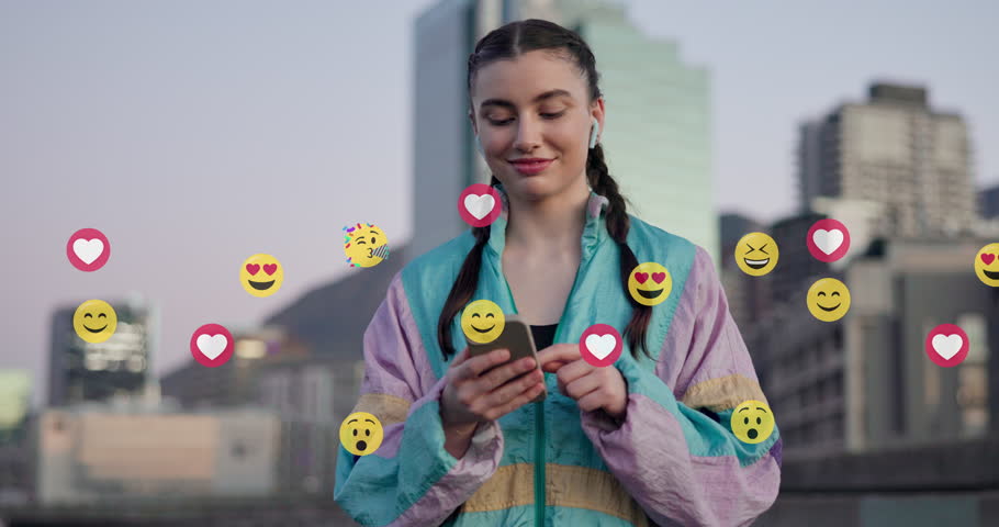 Social media, emoji and phone with woman in city for algorithm, notification and connection. Icon, music playlist and comment with person for viral post, global message and dating app overlay