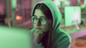 Hacking, company and woman in information technology with computer for cyber crime, system and fraud. Office, theft and hacker with malware attack for unauthorised, server access and network breach - Powered by Shutterstock - Get 15% off with code: PIKWIZARD15