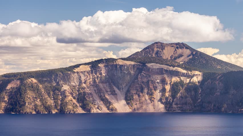 Time lapse of puffy clouds moving across the sky above Crater Lake in Oregon