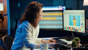 Portrait of smiling photographer enhancing images quality, correcting flaws and adjusting color, contrast, and brightness. Joyous photo editor editing photographs at office desk, camera A - Powered by Shutterstock - Get 15% off with code: PIKWIZARD15