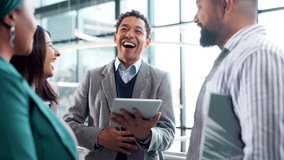 Staff, laugh and team meeting in office, talking and tablet for article at magazine agency. Employees, funny conversation and support for brainstorming on fashion project, writers and proposal review - Powered by Shutterstock - Get 15% off with code: PIKWIZARD15