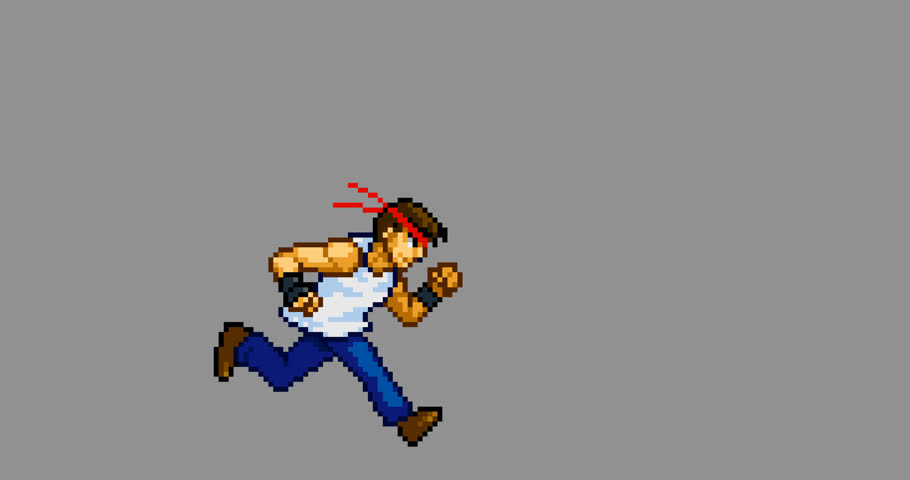 This is a pixel art piece of a running male fighter wearing a T-shirt.
The background is transparent.