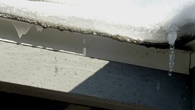 Snow melts from the roof, droplets of water fall to the ground, creating a rhythmic drip. The sun beams brightly overhead, its warm rays cutting through the droplets, casting shimmering reflections. - Powered by Shutterstock - Get 15% off with code: PIKWIZARD15