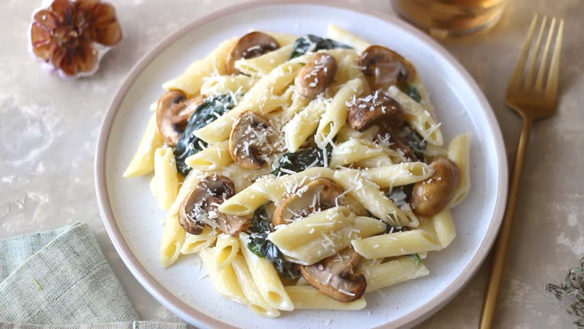 Penne pasta with mushrooms, spinach and cheese. Healthy food. Vegetarian food.