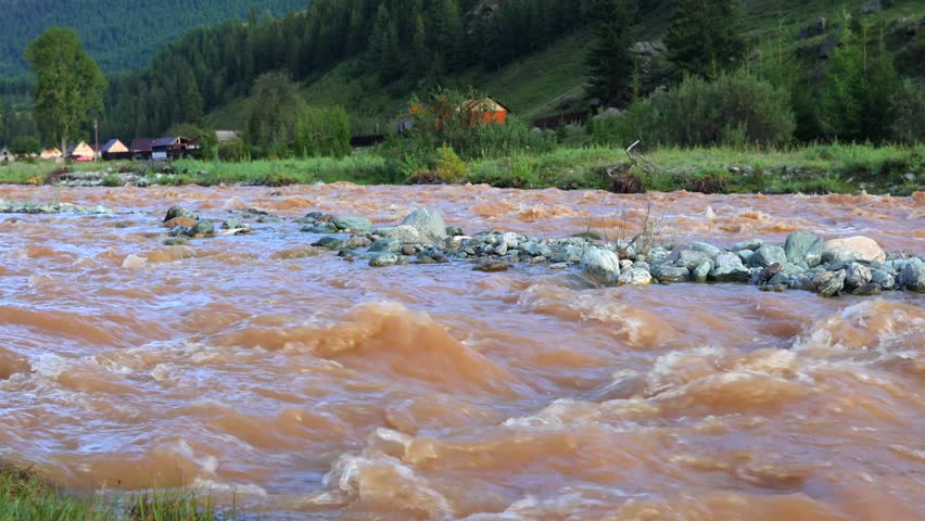 The river is a torrent of brown water, and the rocks are a variety of sizes. The trees on the banks are green, and the mountains in the background are covered in trees.
