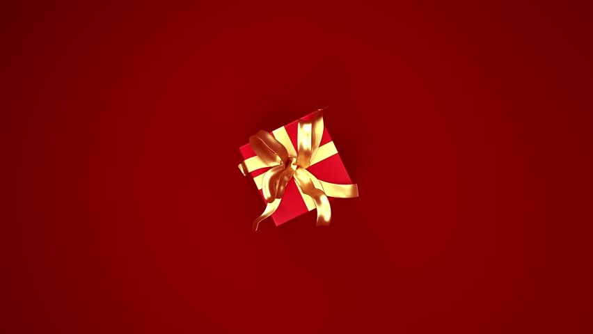 A red gift box with a gold ribbon unties and opens, displaying the contents inside on a solid red backdrop. Perfect for festive or special occasion animations.