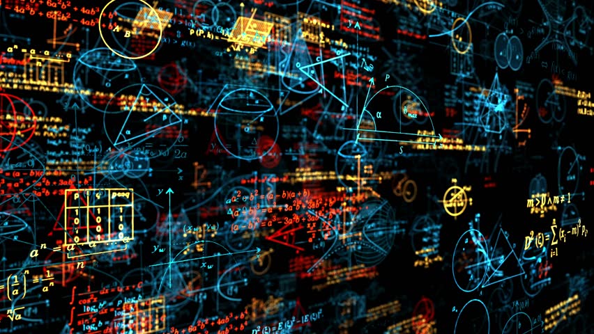 Equations and math symbols hover in space, with the camera weaving through them. The concept emphasizes mathematical intricacies, using shallow depth of field to blur the scene.