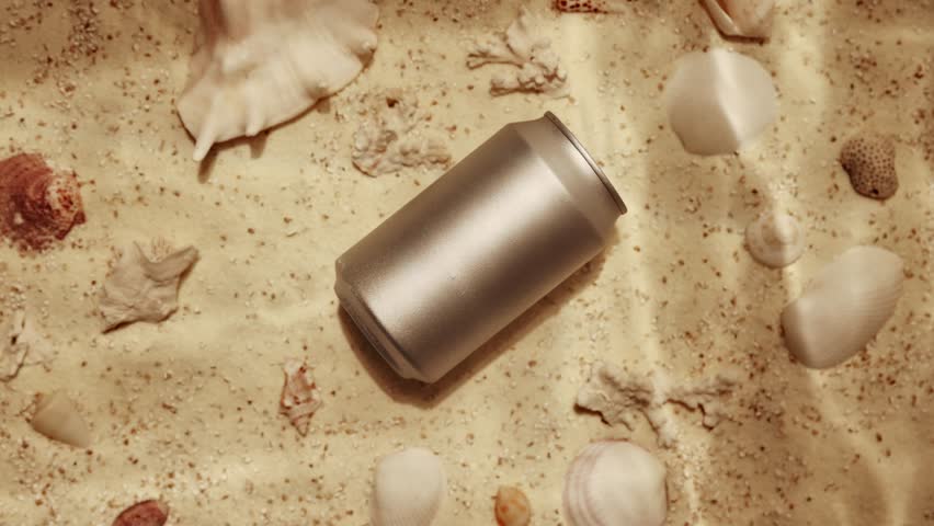 Aluminum can on sandy beach, surrounded by seashells, creating refreshing image for drinks advertisement. Beer, soda water, lemonade, energy drinks. Branding and product placement, mockup