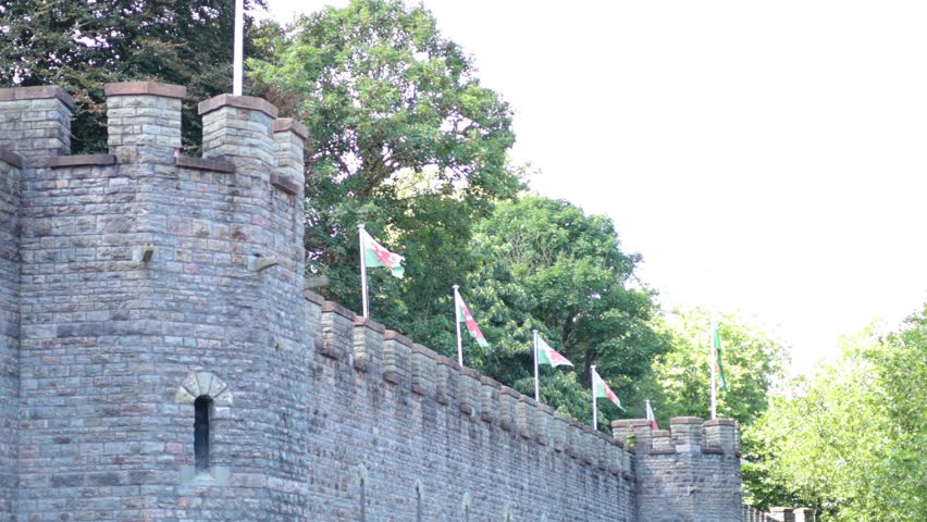 Cardiff Castle with flags waving in breeze