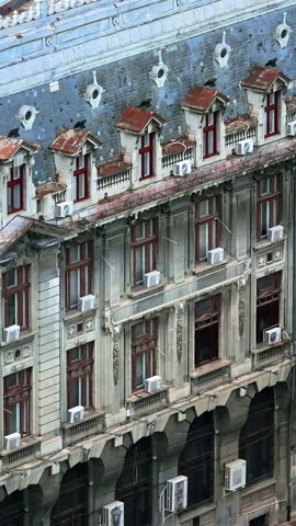Aerial drone view of the University of Bucharest, Romania. Vertical